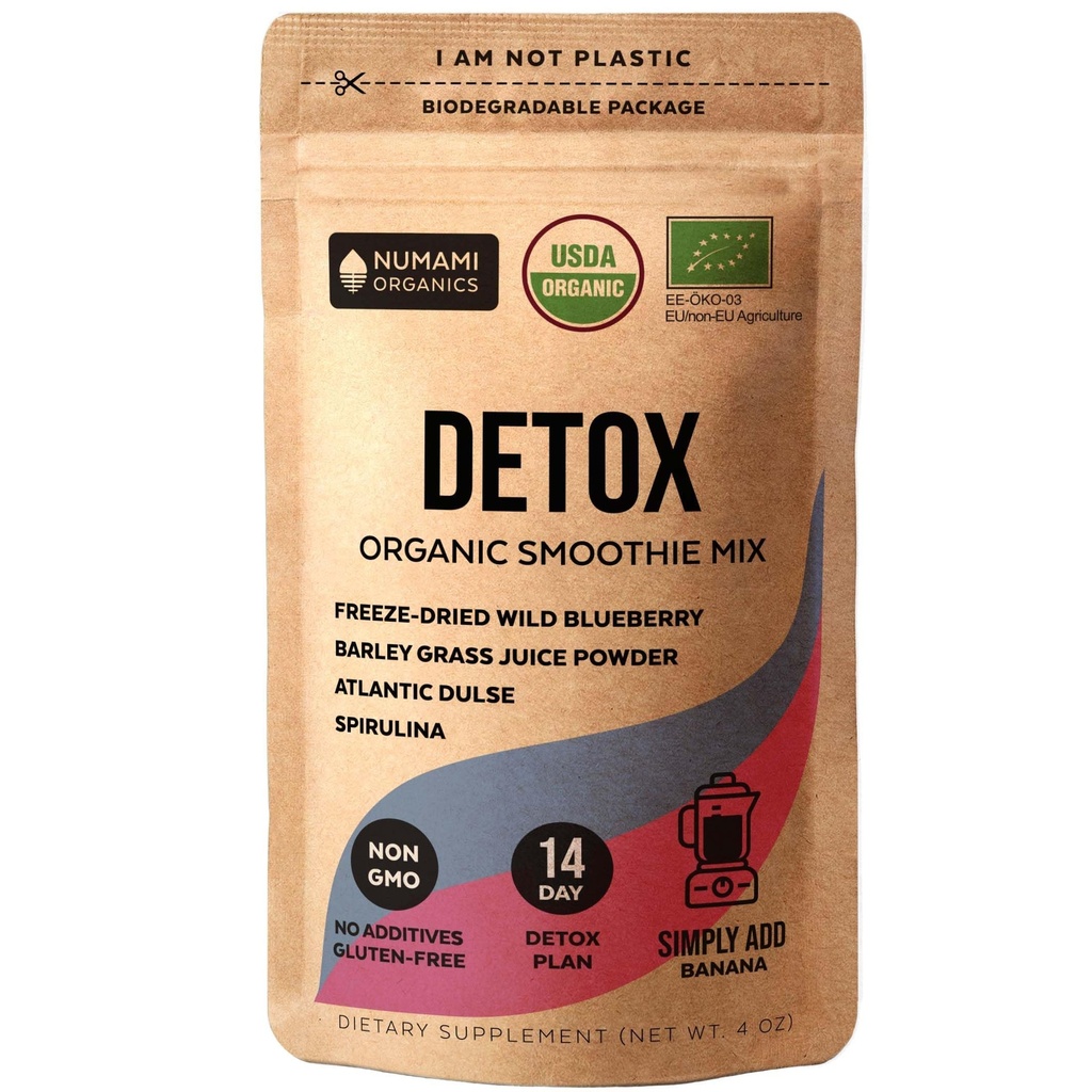 Numami Organic Detox Blueberry Smoothie Powder cu Spirulina sanatoasa, Atlantic Dulse si Barley Grass Juice Powder, Superfood de calitate premium din Europa