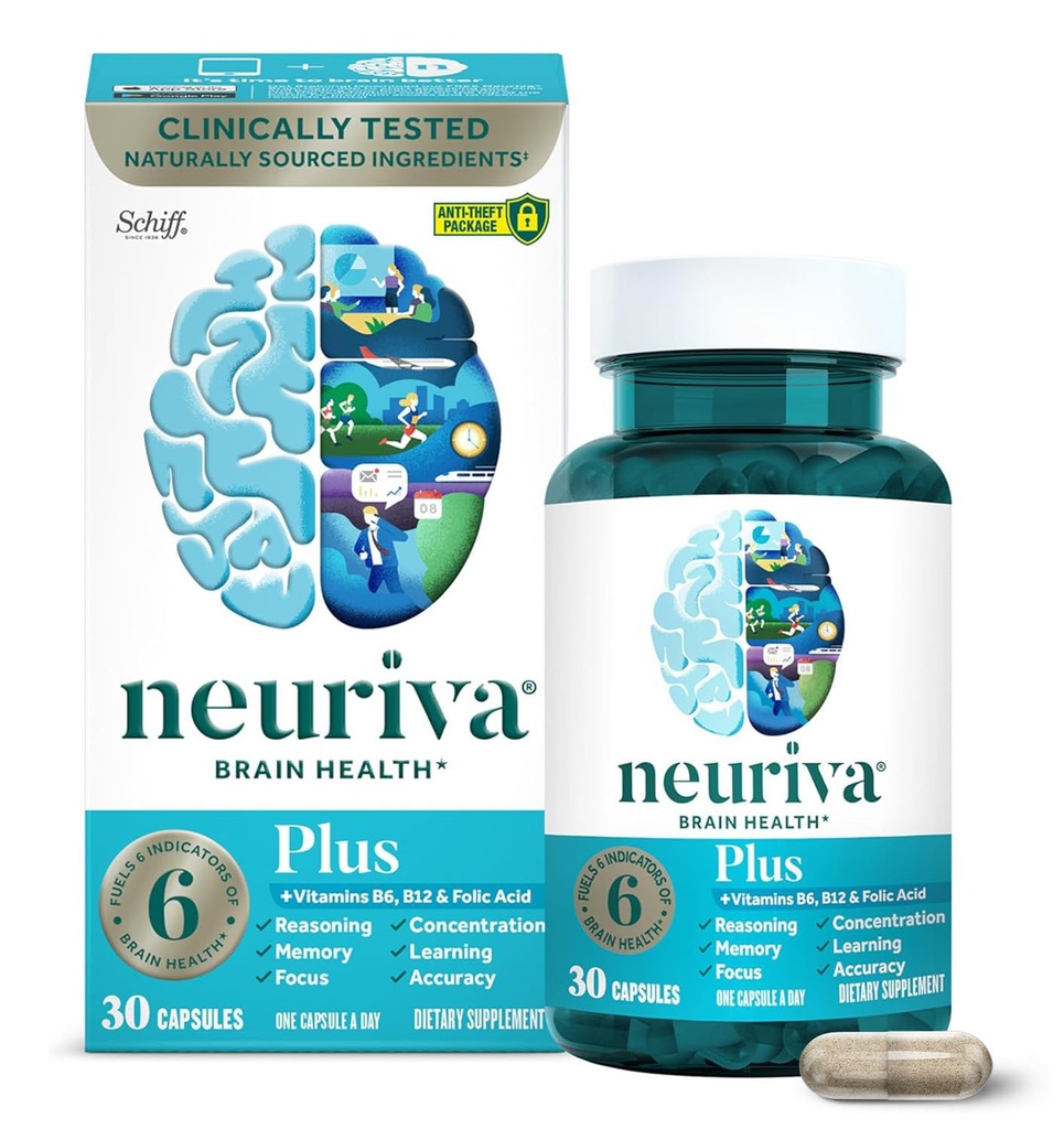 NEURIVA Plus Suplimentul cerebral pentru memorie, concentrare şi concentrare + Funcţie cognitivă cu Nootrops testate clinic Fosfatidilserină şi Neurofactor, Vitamine B6 şi B12, 30 capsule de numărare