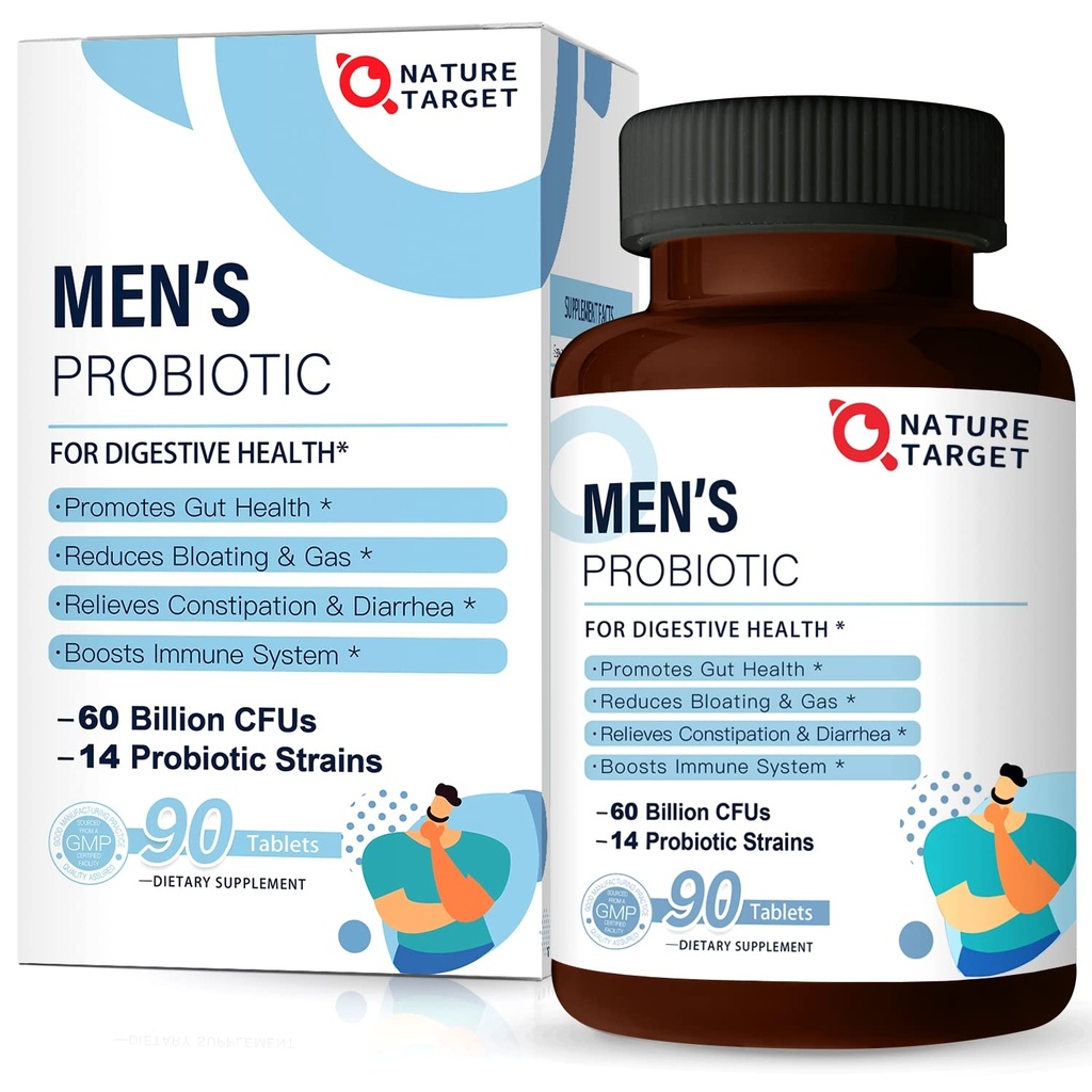 Probiotice NATURE pentru bărbații cu Supliment de îngrijire, Prebiotice și Probiotice pentru bărbați Digestive și Immune Health,60 Miliarde CFUs & 14 Stabile, Gluten & Soy Free (90 comprimate)