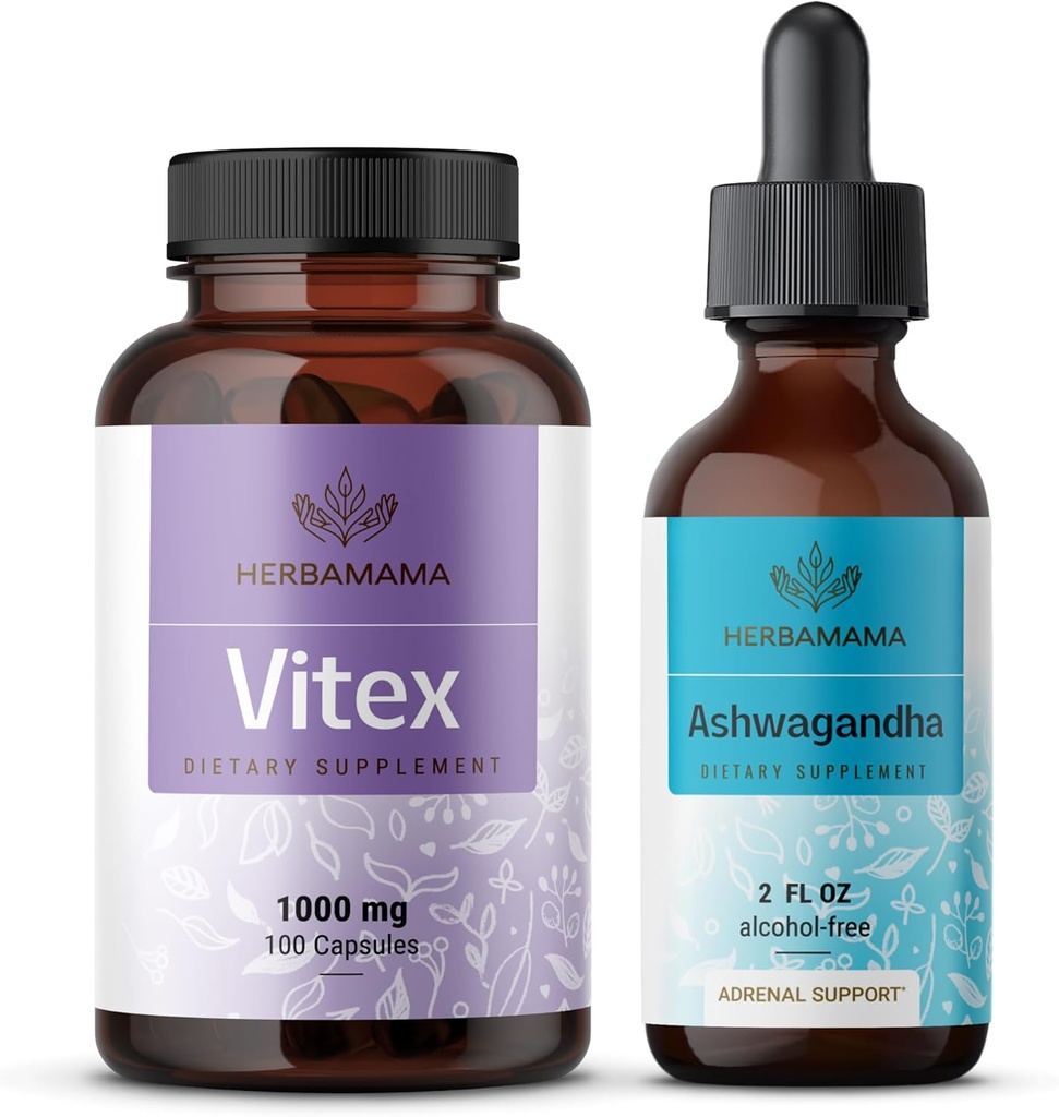 HERBAMAMA Vitex și Ashwagandha Kit - Bundle of 1000 mg Vitex capsule Chasteberry & Ashwagandha picături lichide 2 fl oz - Vegan, non-GMO, zahăr și alcool-free - 2 ambalaj