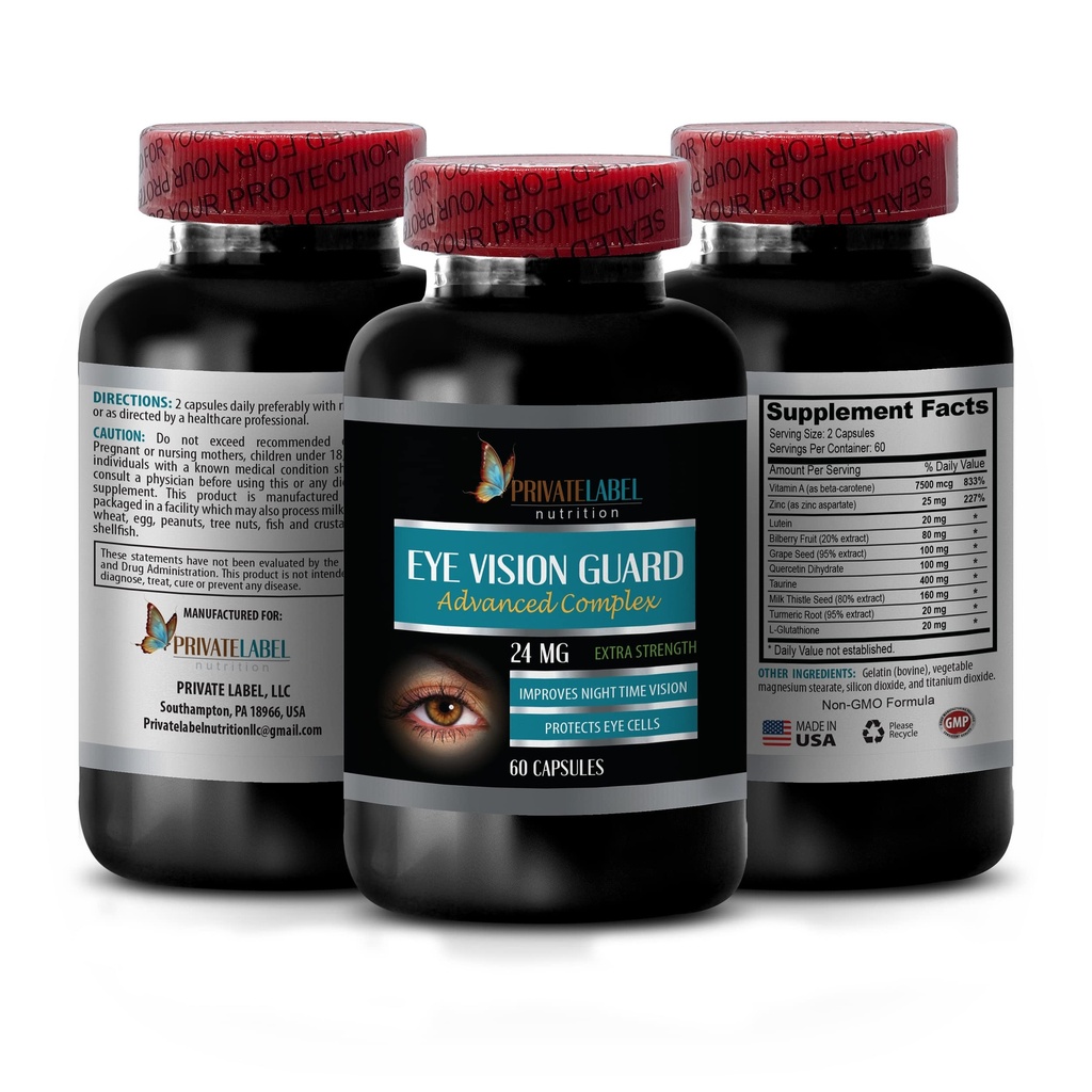 Vision Vitamine cu luteina - Eye Vision Guard 24 MG - Advanced Complex, Eye Vision Support, Lutein Suplimente, Vitamina A Supliment, Extras Turmeric, Extract de afine, Taurină, 1 Bot 60 Capsule