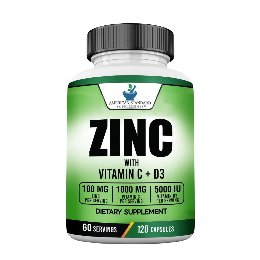 American Standard Supplements Zinc 100mg, Vitamina C 1000mg, şi vitamina D3 5000 UI (125mcg) Per Serving - Gluten Free, non-GMO, 120 capsule, 60 Servings