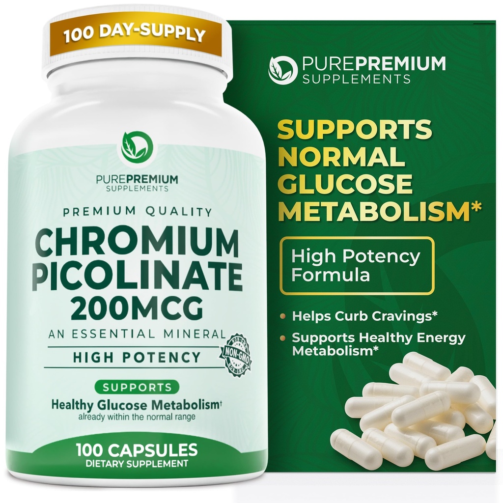 PurePremium Crom Picolinat 200mcg - Suplimente cromale de înaltă potenţă - Suport mineral esenţial de sănătate pentru bărbaţi / femei - Gluten-Free - 3 luni aprovizionare - 100 capsule