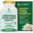 PurePremium Crom Picolinat 200mcg - Suplimente cromale de înaltă potenţă - Suport mineral esenţial de sănătate pentru bărbaţi / femei - Gluten-Free - 3 luni aprovizionare - 100 capsule