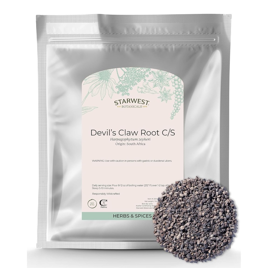 Starwest Botanicals Devil's Claw Root - Herb uscat pentru Ceai & Natural Herbal Blends, Pure Devil's Claw Root, Cut & Sifted, Wildcrafted, Certified Kosher - Bulk 1 lb Bag