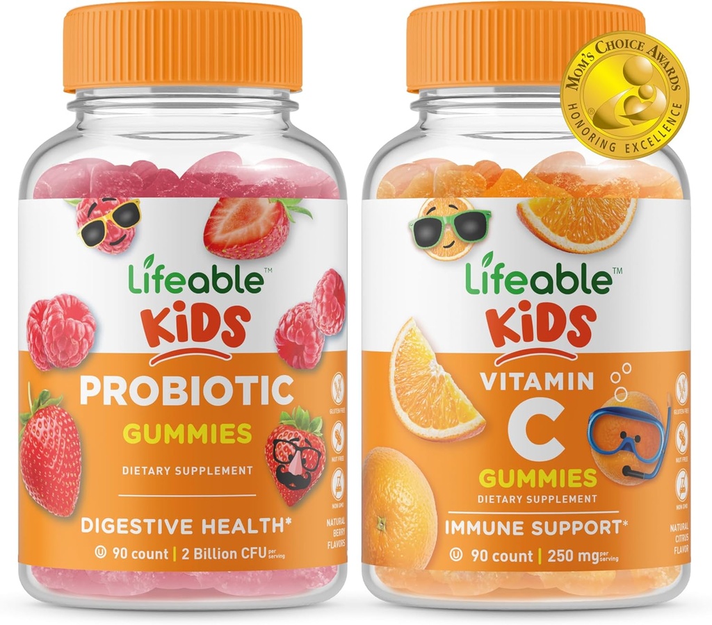 Probiotic de viață 2 miliarde CFU copii + vitamina C copii, gume Bundle - mare Tasting, Suplimentul de vitamine, gluten gratuit, OMG-uri gratuit, guma de mestecat