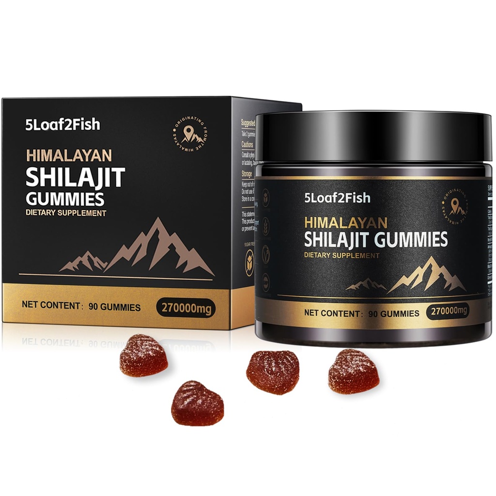 Gume organice Shilajit, Gume pure Himalayan Shilajit pentru bărbaţi Supliment, Gume de aur Shilajit pentru femei, Natural 85+ Trace Minerale, Ashwagandha, Black Seed Oil extract, 90 Gummie