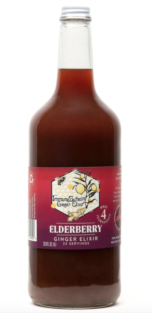 ImmuneSchein Elderberry Ginger Elixir Shots - Doar 4 Ingrediente alimentare reale, fără apă, Oțet sau Conservanți: lucrate manual din rădăcini organice de ghimbir și boabe de soc (33.8 fl oz, 1 Pack)
