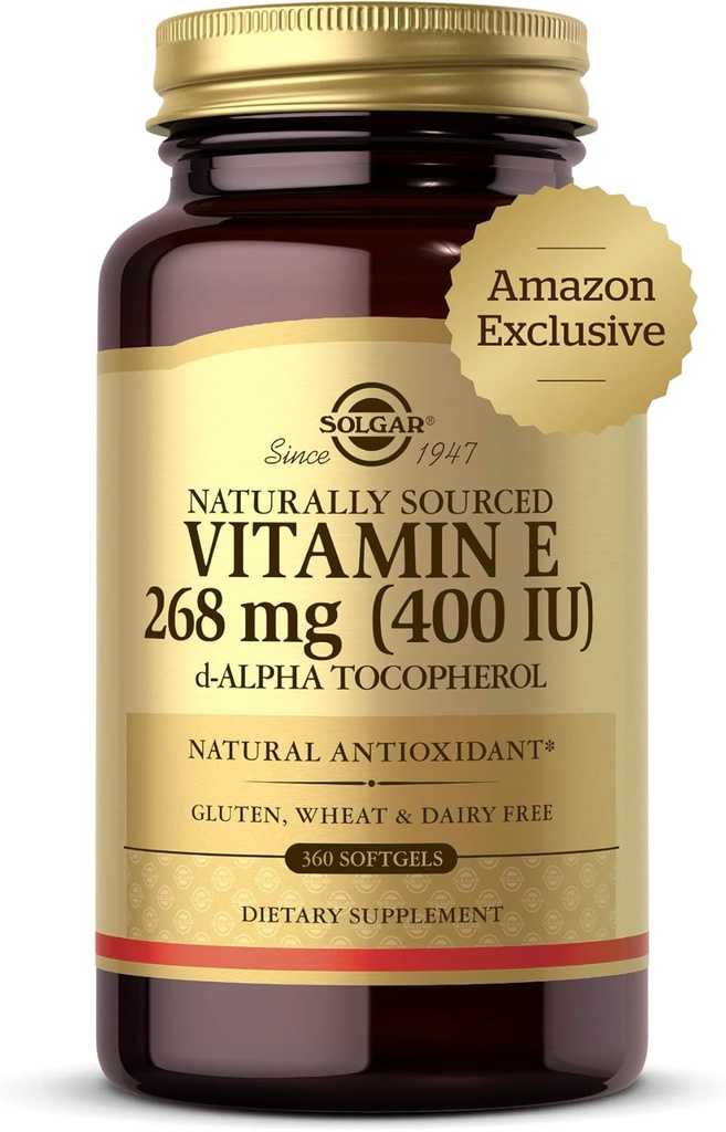 Solgar Vitamina E 268 mg (400 UI), 360 Alpha Softgels - Antioxidant natural, Skin & Immune System Support - Vitamina natural-sursa E - Gluten gratuit, lactate gratuit - 360 Serviri