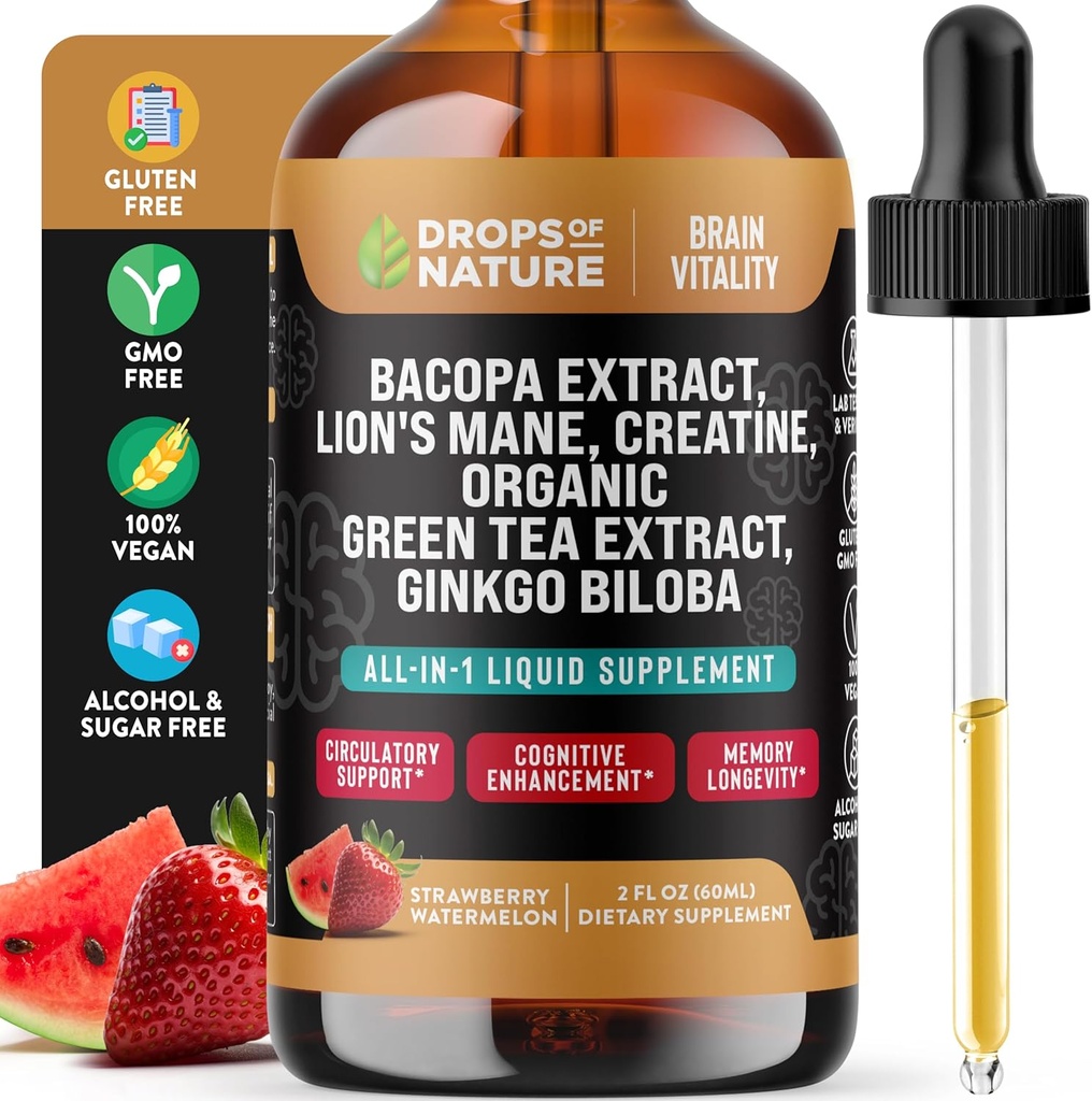 Creatine & Bacopa Picături lichide cu leu, verde Ceai & Ginkgo Biloba - mai rapid absorbţie Blend decât Gummies & Pilulele - Suplimentul Vegan pentru focalizare îmbunătățită și cunoaștere (Strawberry Perech, 60mL)