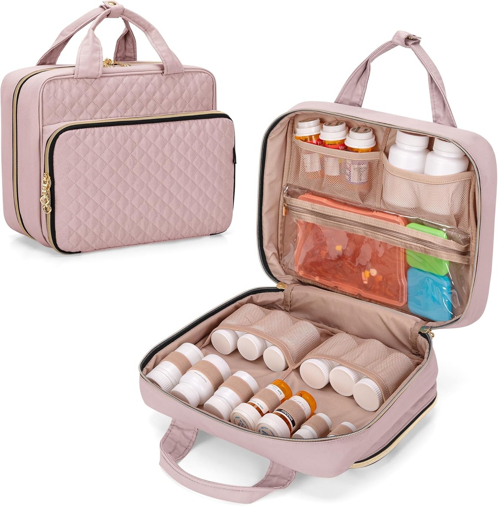 Damero Sticla Organizator sac, Travel Medicine Bag Organizator, Medicina Organizator și Depozit pentru pastile, Vitamina, Ulei de pește, Suplimente medicale pentru femei și bărbați, Misty Rose