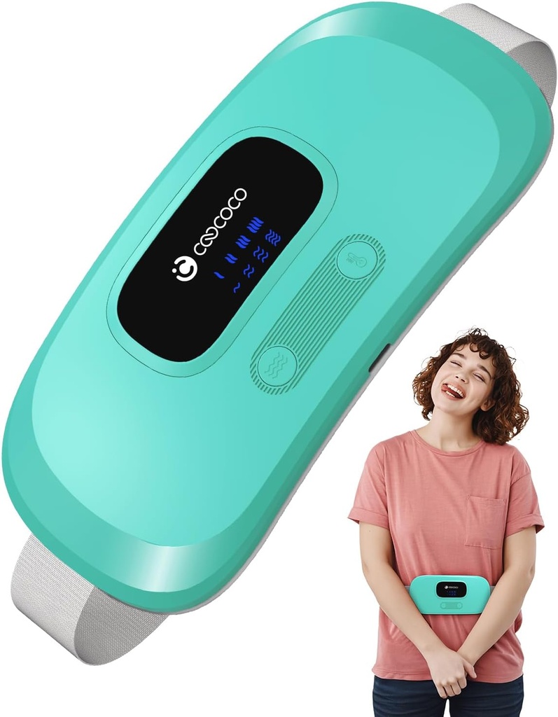 Pad portabil de încălzire CooCo pentru crampe de perioadă, centura de talie fără fir pentru relief crampă menstruală, 3S Pad de căldură rapidă cu 4 niveluri de căldură și 4 Moduri de vibrație, Cadouri pentru femei fată, verde