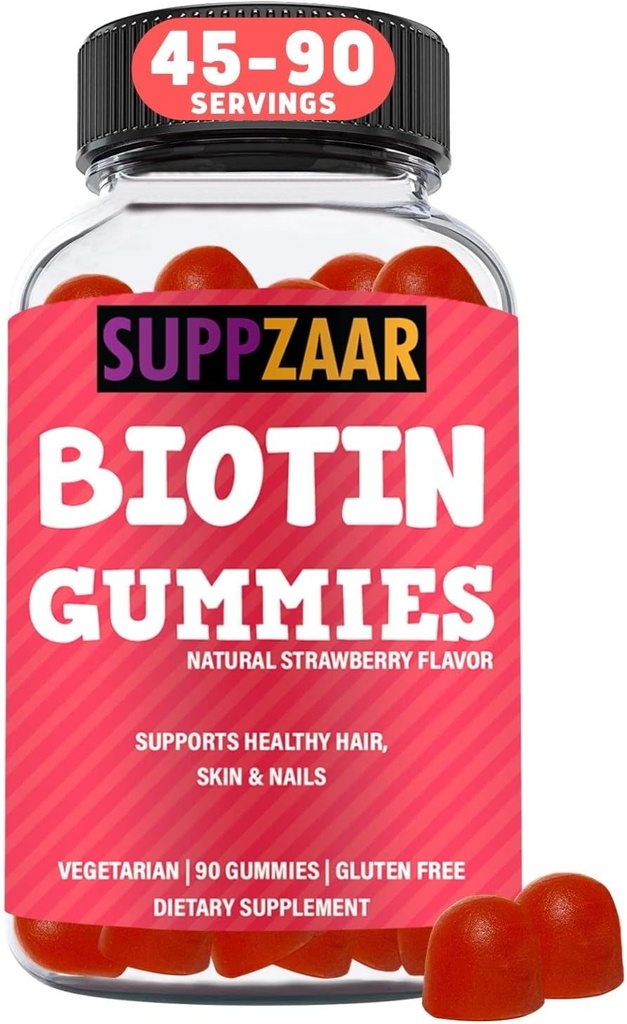 Gume Vegan Biotin - Vitamine pentru cresterea parului pentru femei si barbati - Piele de par si unghii Vitamine - Aroma de capsuni Gummy Vitamine - non-GMO, Gelatină & Gluten-Free, 90 Gume - SUPPZAAR
