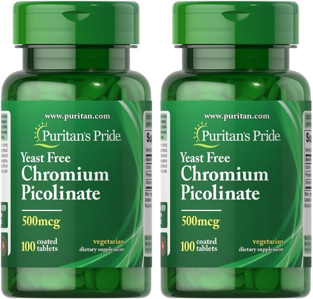 Puritan's Pride Crom Picolinat 500 Mcg Drojdie Gratuit, 100 Count (Pachet de 2)