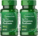 Puritan's Pride Crom Picolinat 500 Mcg Drojdie Gratuit, 100 Count (Pachet de 2)
