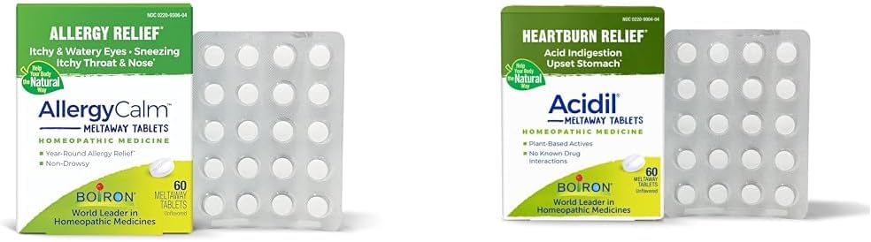 Boiron Alergia și Acid Reflux Reflux Relief Bundle cu AllergyCalm Tablets (60 Count) și Acidil pentru Reflux acid și Indigestie (60 Count)