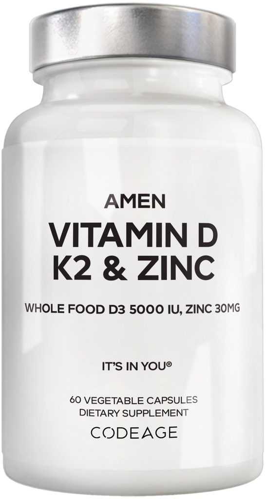 Amen Vitamina D, K2 & Zinc, Colecalciferol D3 5000 UI, Organic Whole Food Blend cu Apple, Afine, Cranberry, Elderberry Powder Fruits, Supliment Vegan, D3 K2 Vitamine, Non-GMO - 60 Capsule