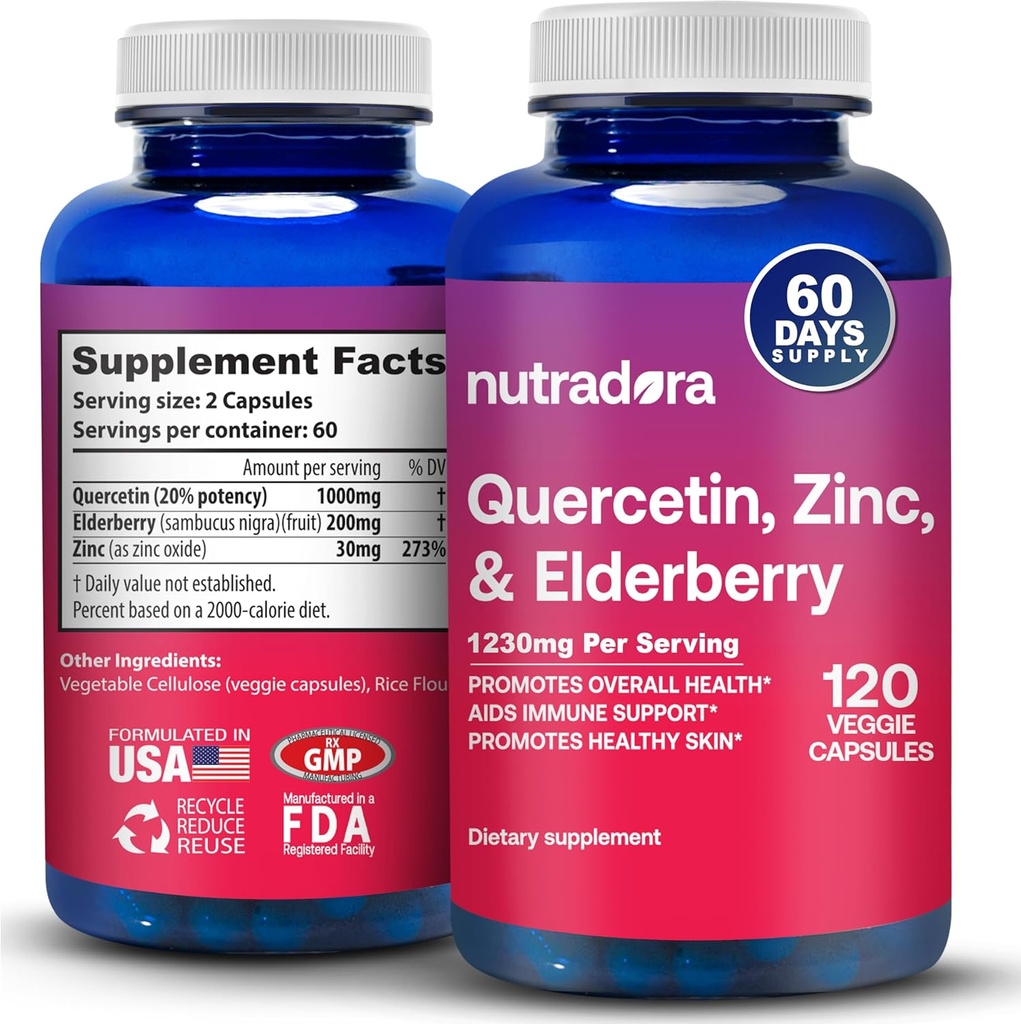 Querbetin 1000 mg Veggie Capsule, Non-GMO, Elderberry Zinc Querbetin Suplimente Suporturi Imun, Cardiovascular & Respirator,120 Capsule (Pachet de 1)