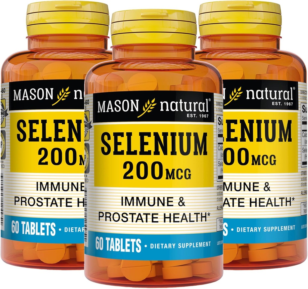 MASON NATURAL Seleniu 200 mcg - Supliment antioxidant pentru suport imunitar și sănătate prostată, Essential Trace Mineral, 60 comprimate (Pachet de 3)