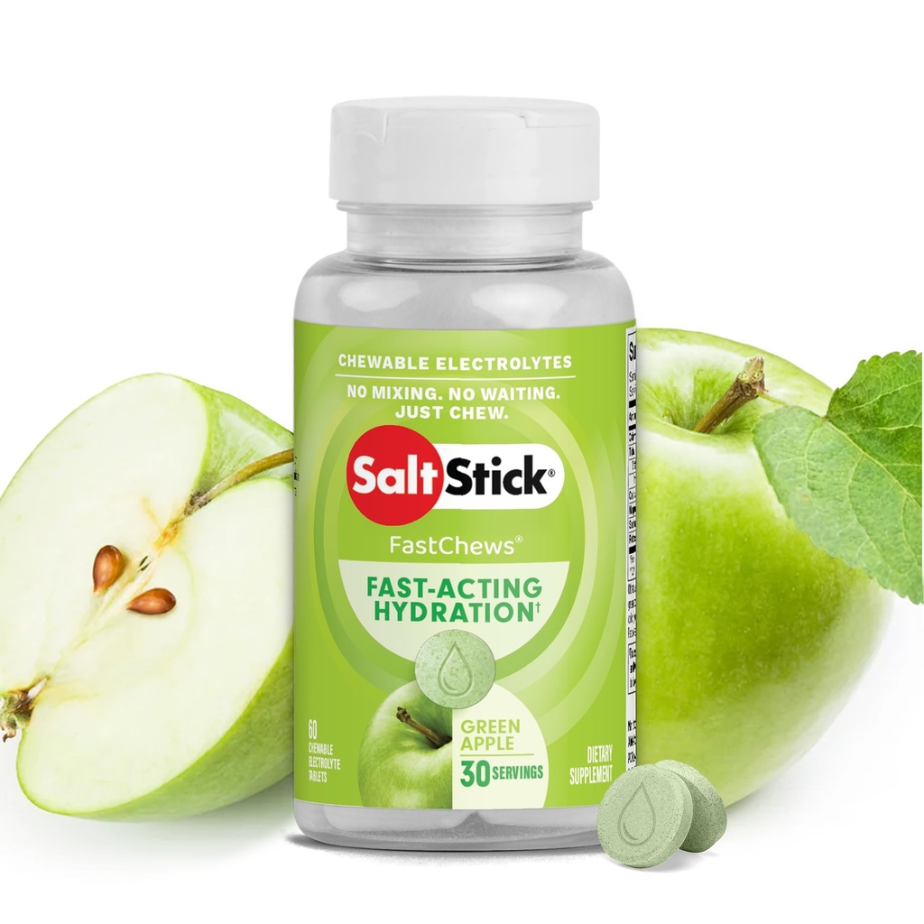 SaltStick Electrolyte FastChews - 60 Green Apple Electroliți masticabile - Tablete de sare pentru rulare și hidratare, Electrolit Chews - 60 Conte