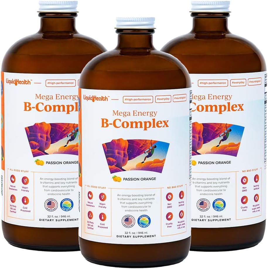 LIQUIDHEALTH Mega Energie metilat B-complex, Adult supliment de vitamina lichid - Creșterea energiei, Relieve Stres & Oboseală, Immune Support, Heart & Gut Health - Made in USA, Vegan, Sugar-Free (3 Pack)