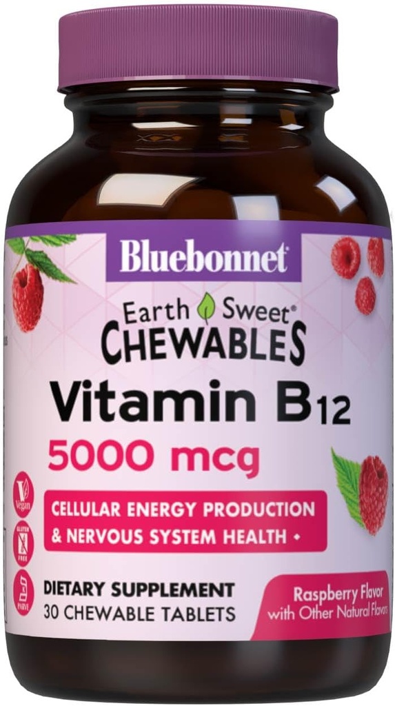 Bluebonnet Nutrition Earth Dulce Vitamina B12 5000 mcg Tablete masticabile, Soy-Free, Gluten-Free, Kosher Certified, Dairy-Free, Vegan, Raspberry Aroma, 30 comprimate masticabile, 30 Serviri