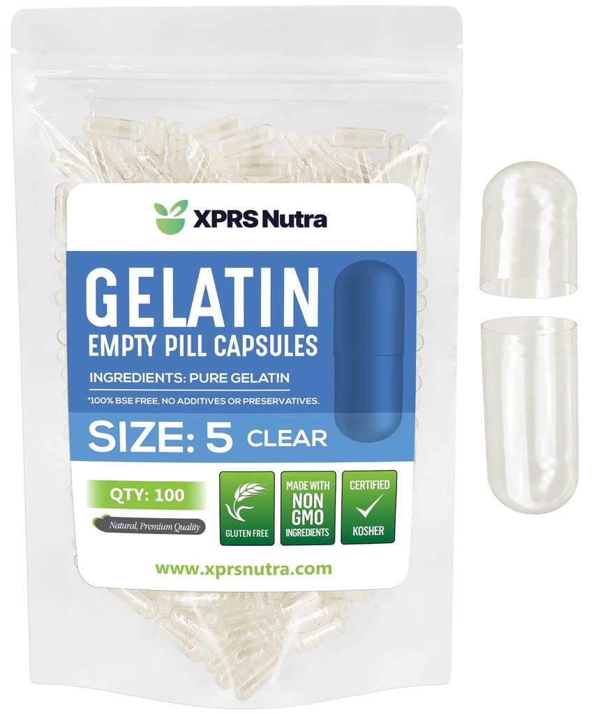 XPRS Nutra Dimensiune 5 Capsule goale - 100 Conte clar Foarte mici capsule gelatinoase goale - Pastile diy capsule de umplere - Capace gel pilula filble pentru Do-It-Yourself Vitamin Supplements