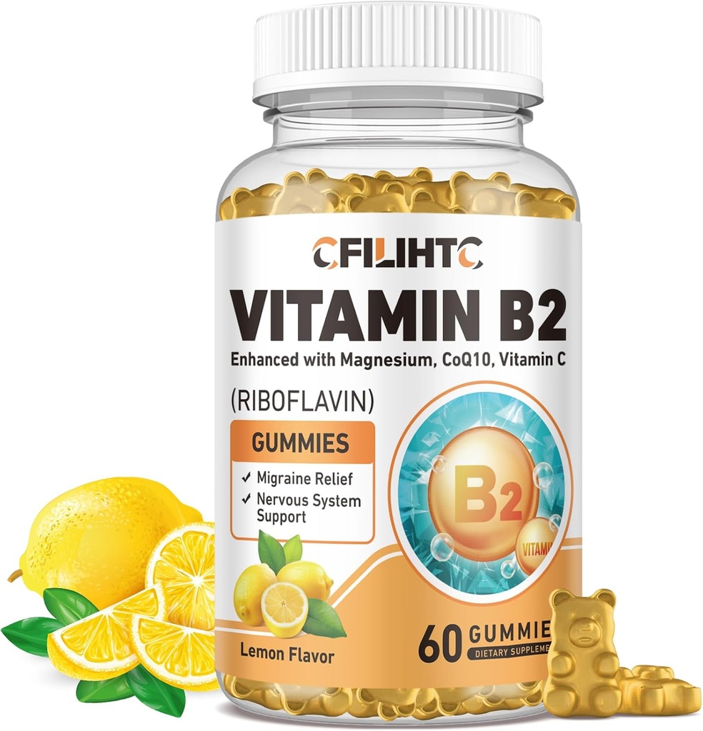 Vitamina B2 Gummie Riboflavină 400 mg Supliment pentru copii și adulți - Glicinat de magneziu, Zinc, CoQ10, Vitamina B12 - Migrene Relief & Energy, Suport Sistem nervos, Sugar Free Lemon Flavor, 60ct