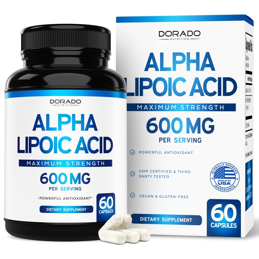 Alpha Acid lipoic 600 mg per Serving 60 capsule - Antioxidant potent pentru neuropatie și sănătate cardiovasculară (supplement ALA) - terțe părți testate, non-GMO, gluten gratuit, Vegan & SUA Made