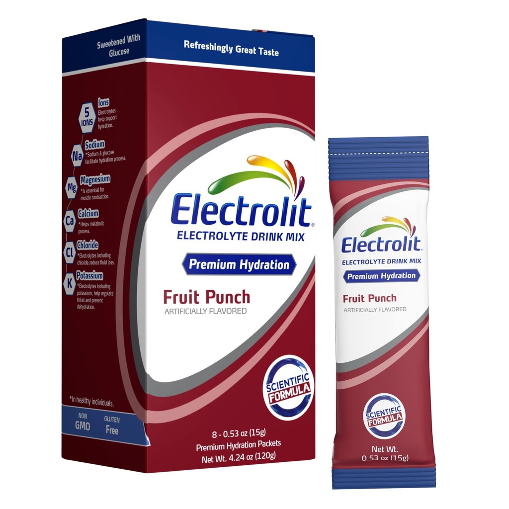 Electrolit Electroliți Pachete cu pulbere, Punch de fructe 8 Pachete de hidratare pudrate pentru deshidratare și rehidratare, Post Workout Aroma de hidratare amestec de băuturi, Gluten gratuit zilnic de apă Sticks
