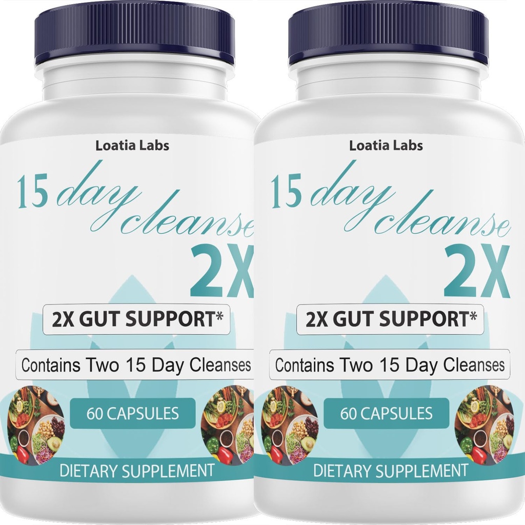 15 Day Cleanse 2X - Double Gut & Colon Support - Advanced Gut Cleanse Detox pentru femei și bărbați cu Alfalfa, Cascara Sagrada, Probiotics & Psyllium Husk - Non-GMO - Made in USA - 60 Capsule (2 Sticle)