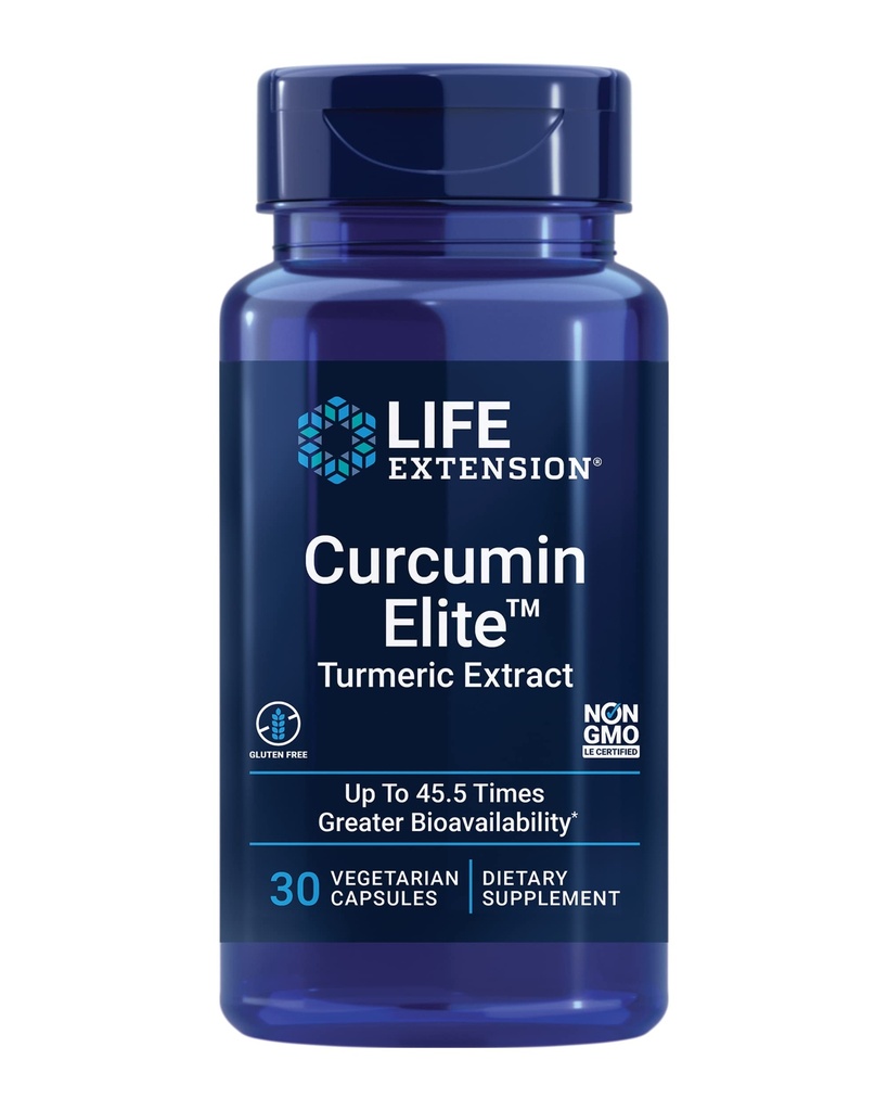 Extensie de viaţă Curcumin EliteTM Extract de turmeric, 500 mg, curcuminoide, turmerone, schinduf, inflamaţie Suport de sănătate, Inimă & Suport Imun, Gluten-Free, Non-GMO, Vegetarian, 30 capsule