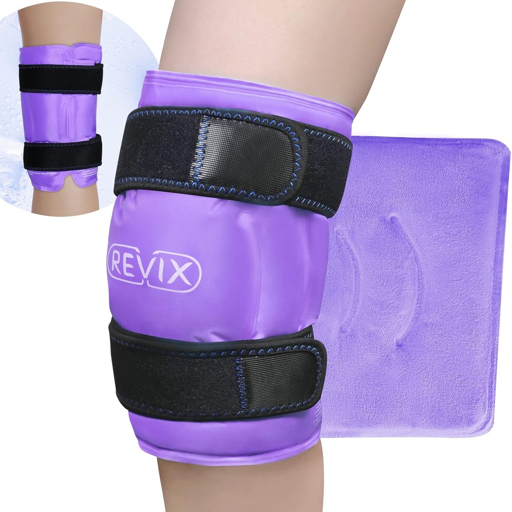 REVIX XL Knee Ice Wrap în jurul întregii genunchi, Gel Ice Pack pentru dureri musculare, Cold Pack pentru a reduce discomfort și de a promova flexibilitate, moale Plush Linings, violet
