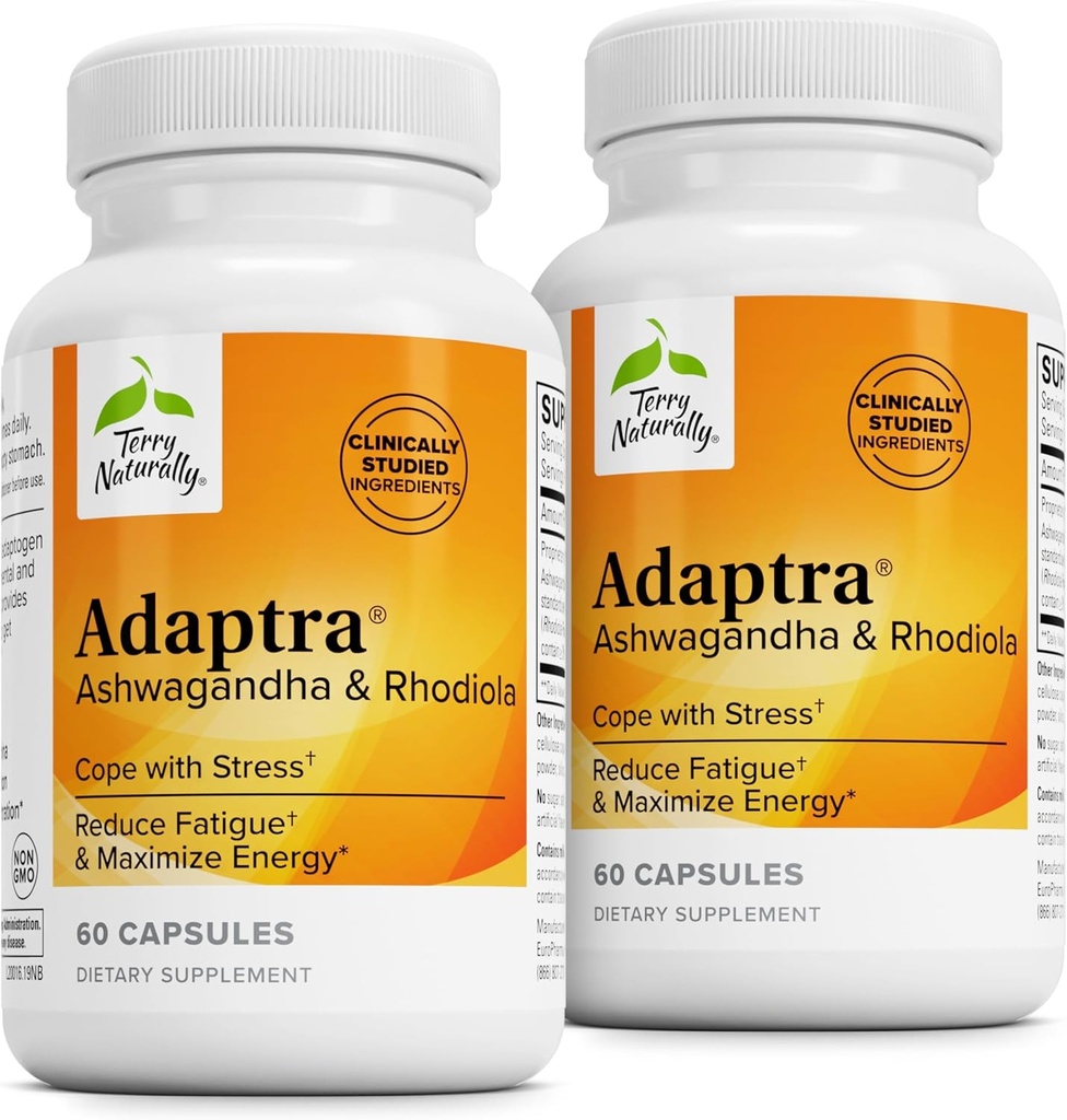 Terry Natural Adaptra - Supliment pentru a sprijini sănătatea suprarenală - Ashwagandha Supliment cu extract de Rhodiola Rosea - Supliment vegetal pentru a sprijini energia și concentrarea - 60 capsule (Pachetul de 2)