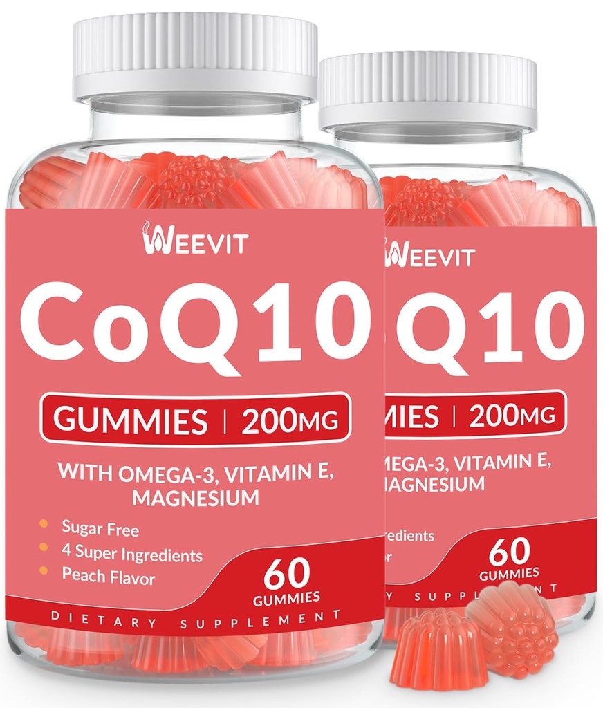 Sugar Free CoQ10 Gummies 200 MG, Coenzima Q10 (Ubichinonă) Gumies pentru adulți, Co Q10 Supliment cu Omega-3, Magneziu, Energie, Suport Creier