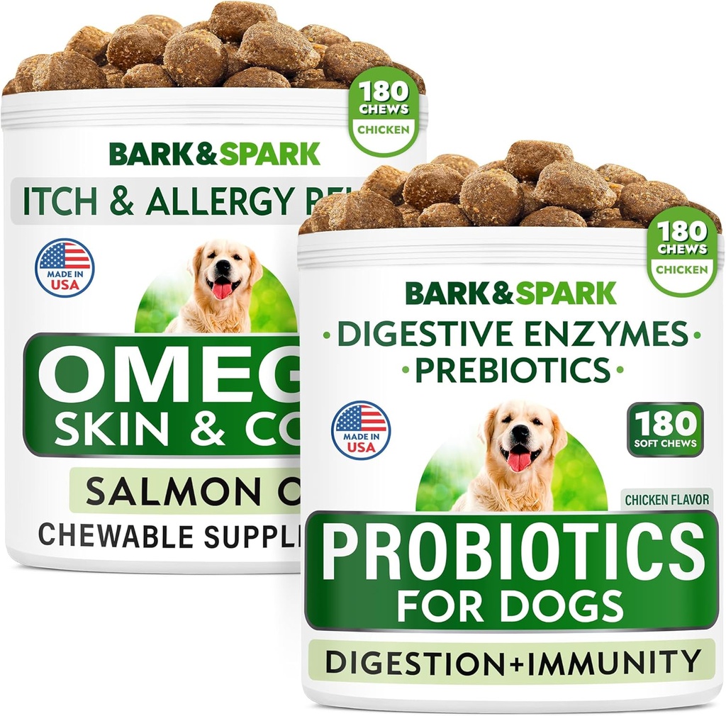 Probiotice câine Chews + Omega 3 pentru câini Bundle - gaz, diaree, constipație, disconfort stomacal + Alergie și relief mâncărime - enzime digestive + prebiotice + Omega 3 - Suport piele și haină