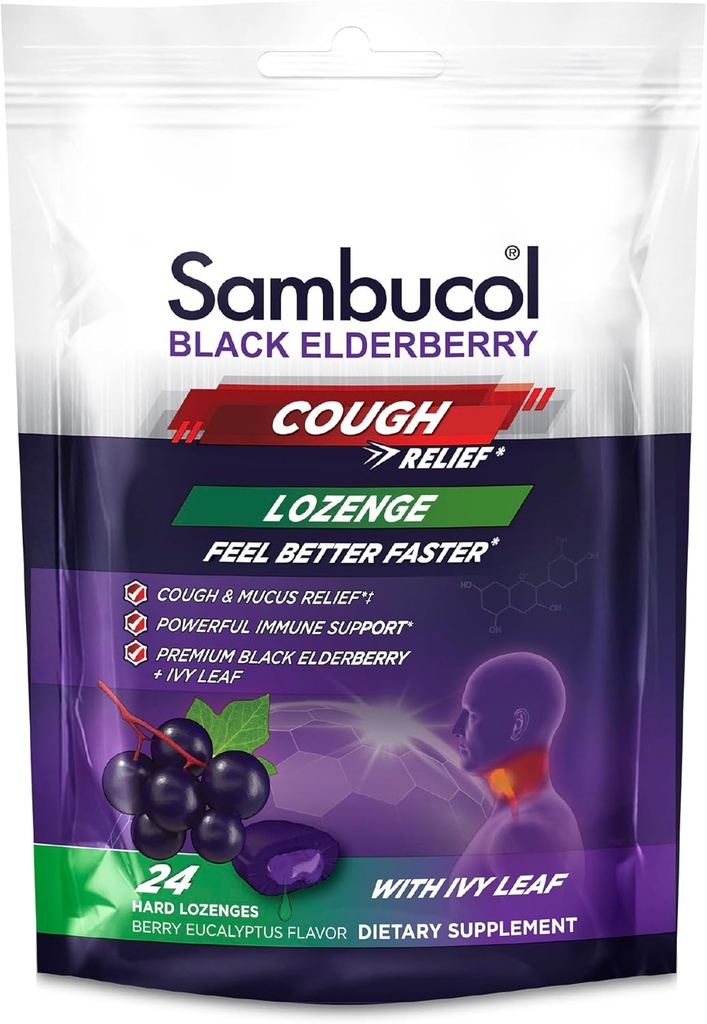 Sambucol Black Elderberry Cough Relief Lozenges - Drops de tuse pentru adulți, Sambucus Elderberry Lozenges, cu Ivy Leaf, Cough & Mucus Relief, Immune Support, Berry Eucalipt - 24 Conte, 1 Pack