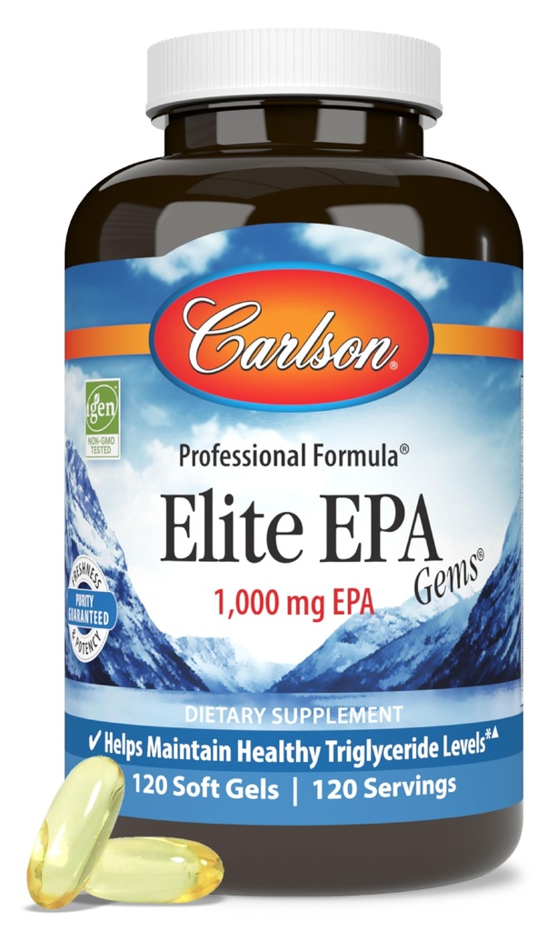 Carlson - Elite EPA Gems, 1000 mg EPA ulei de pește, Wild-Caught, Norvegian ulei de pește, Sustainable Soursed, Ajuta la menținerea nivelului sănătos de trigliceride, 120 Softgels