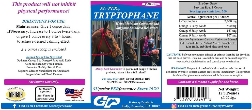 SU-PER Tryptofan Horse calmant Supliment - Mentine calmul si sustine comportamentul echilibrat - 12,5 lire sterline, 6 luni de aprovizionare