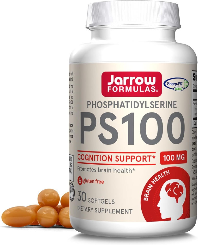 Jarrow Formulas PS100 Fosfatidilserină 100 mg, Supliment alimentar pentru sănătate cerebrală și suport cognitiv, 30 Softgels, 10-30 zile de aprovizionare