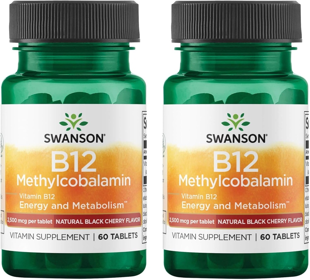 Swanson Vitamina B12 Metilcobalamină - Cherry neagră naturală aromată 2500 mcg 60 Tabs (2 ambalaj)