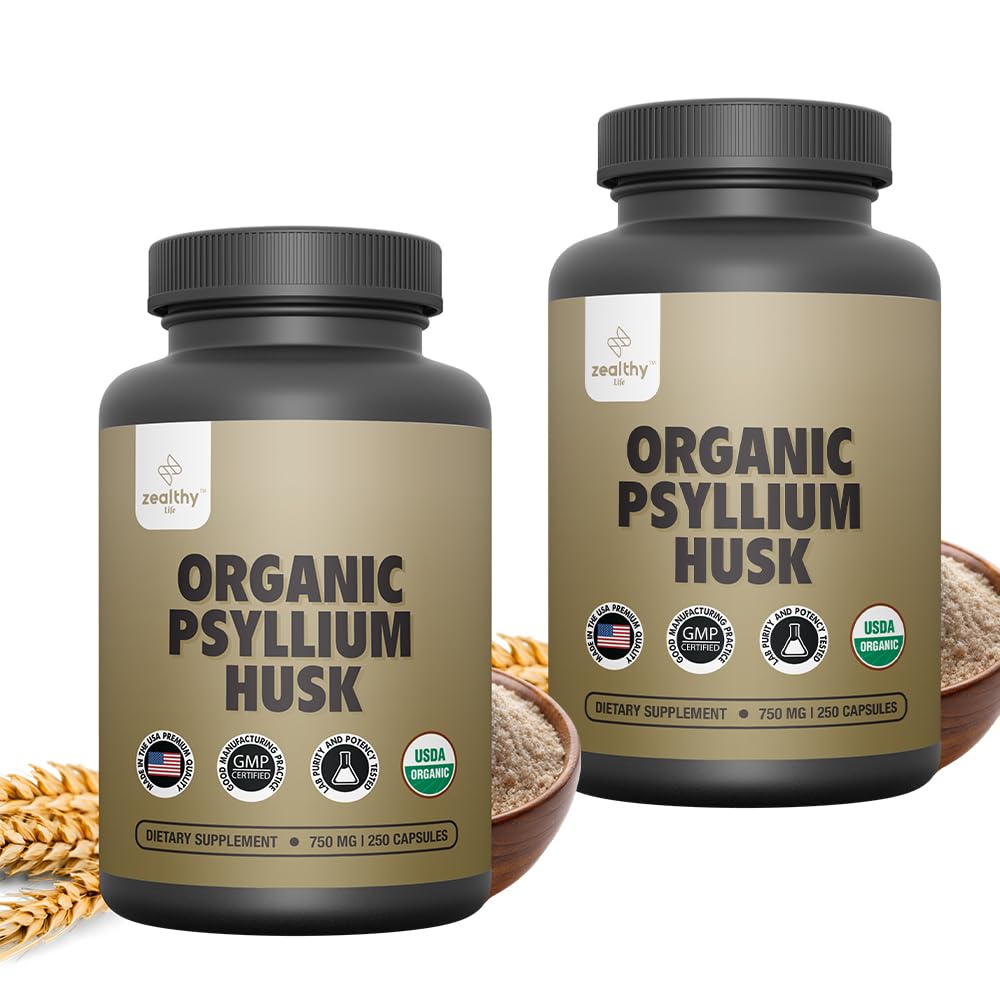 Zealthy Life - Capsule Psyllium Husk, Fibră Psillium Husk All-Natural Psyllium, Capsule Psyllium Husk pentru Sănătate Gut, Capsule Non-GMO & Gluten-Free, 250 Vegane - Ambalaj cu 2 capsule