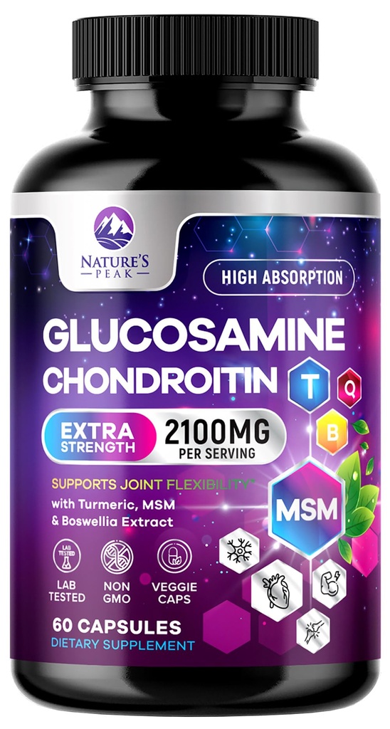 Glucosamină Chondroitin MSM Supliment comun 2100mg - cu Glucosamină Sulfat, Turmeric, Boswellia, Querbetin & Bromelain 