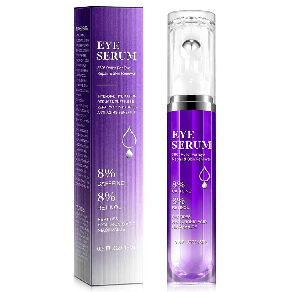Sub ochi Roller Ser - 8% Cafeina & 8% Crema ochi Retinol pentru cercuri întunecate, Puffiness și Bags, Pungi pufoase linii fine riduri, 360° masaj Ball Crema, Acid hialuronic Ser pentru bărbați și femei