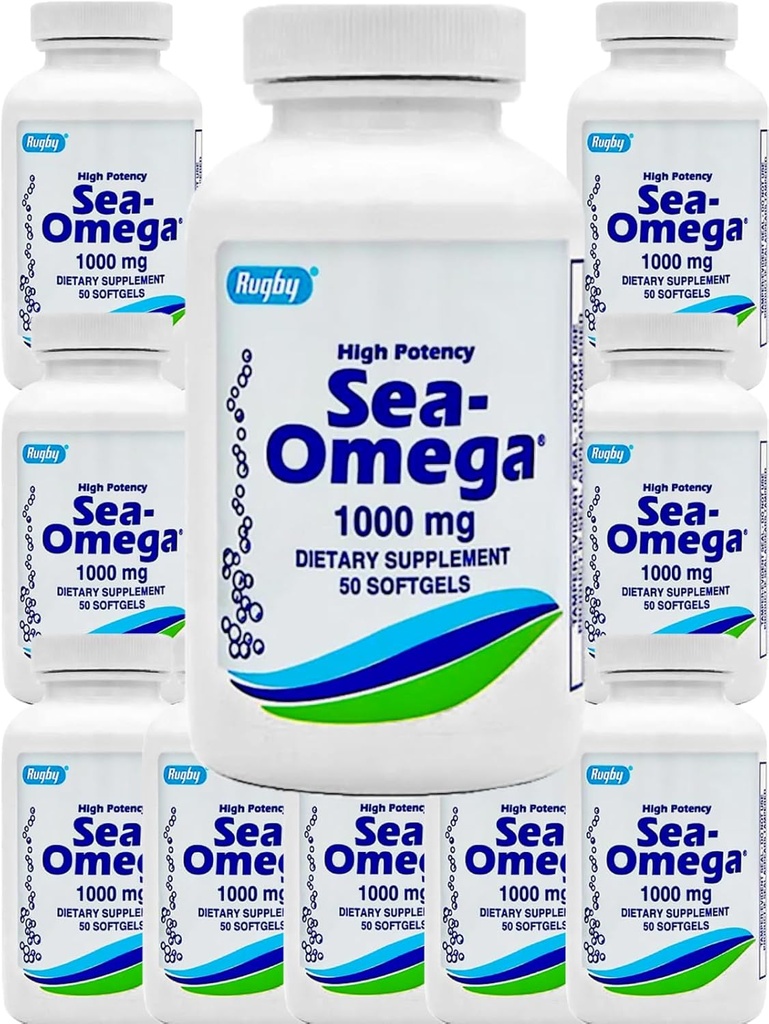 500 Softgels (10 flacon) Mare potenta Rugby 1000mg Natural Deep Sea Sughiț Ulei de pește Omega-3 Acid gras (EPA 300mg & DHA 200mg) pentru bărbați și femei, Promotes Brain/Hair/Skin & Heart Health,Made in USA