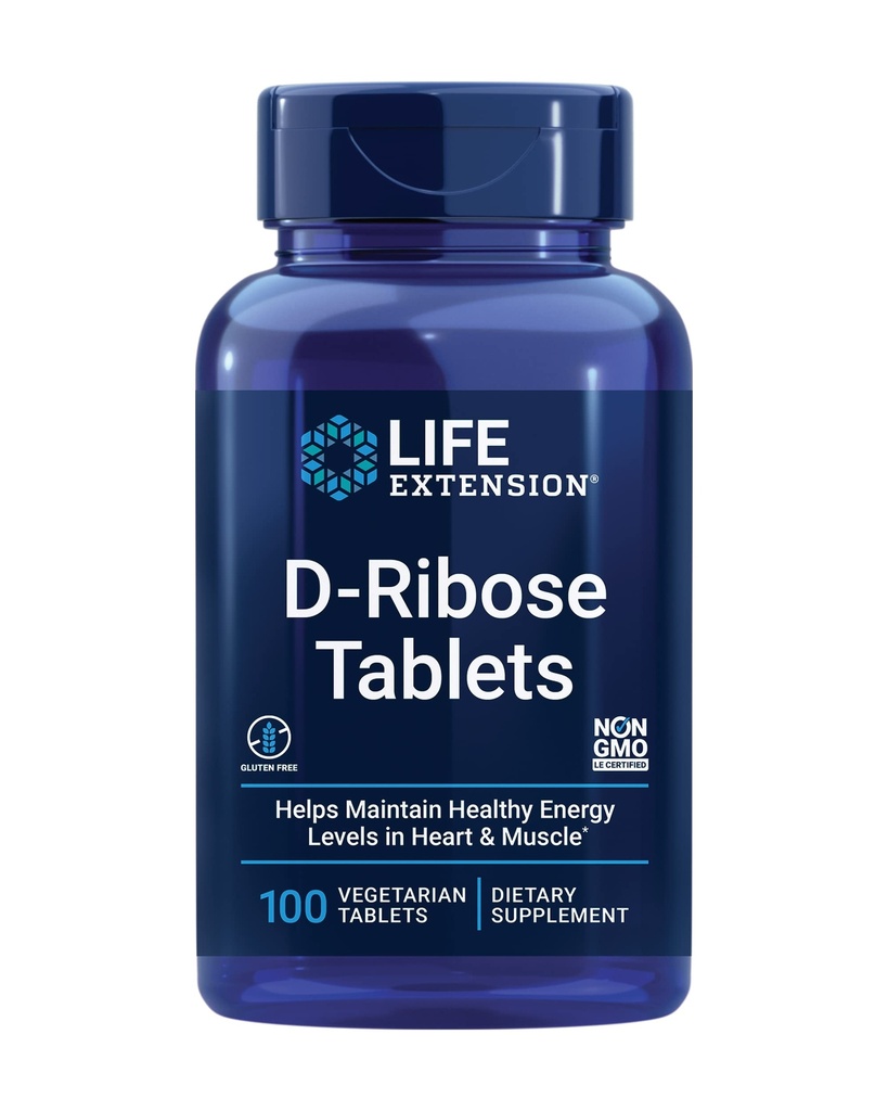 Extensia de viață D-Ribose tablete, Plus Calciu, ajută la menținerea nivelului de energie sănătoasă în inimă și mușchi, încurajează producerea de ATP, Gluten-Free, non-GMO, Vegan, 100 comprimate vegetariene