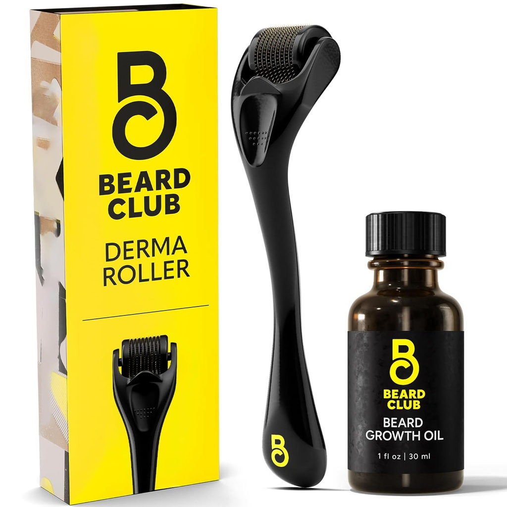 Barbă Club Derma Roller & Barbă ulei de creștere pentru față, corp și Scalp Microneedling Roller pentru bărbați și femei cu 540 Titanium Microneedles - Barbă Roller pentru păr și barbă