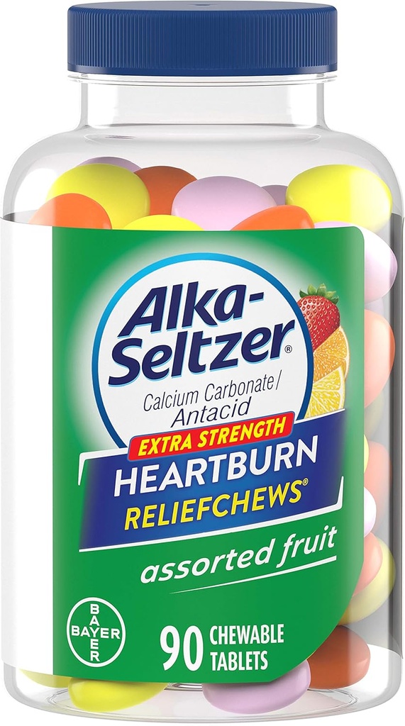 Alka-Seltzer Extra Putere Relief Arsuri la stomac Chews - Relief of Heartburn, Acid Indigestie and Sour Stomac - Asortate Lemon, Orange Strawberry Flavors - 90 Count