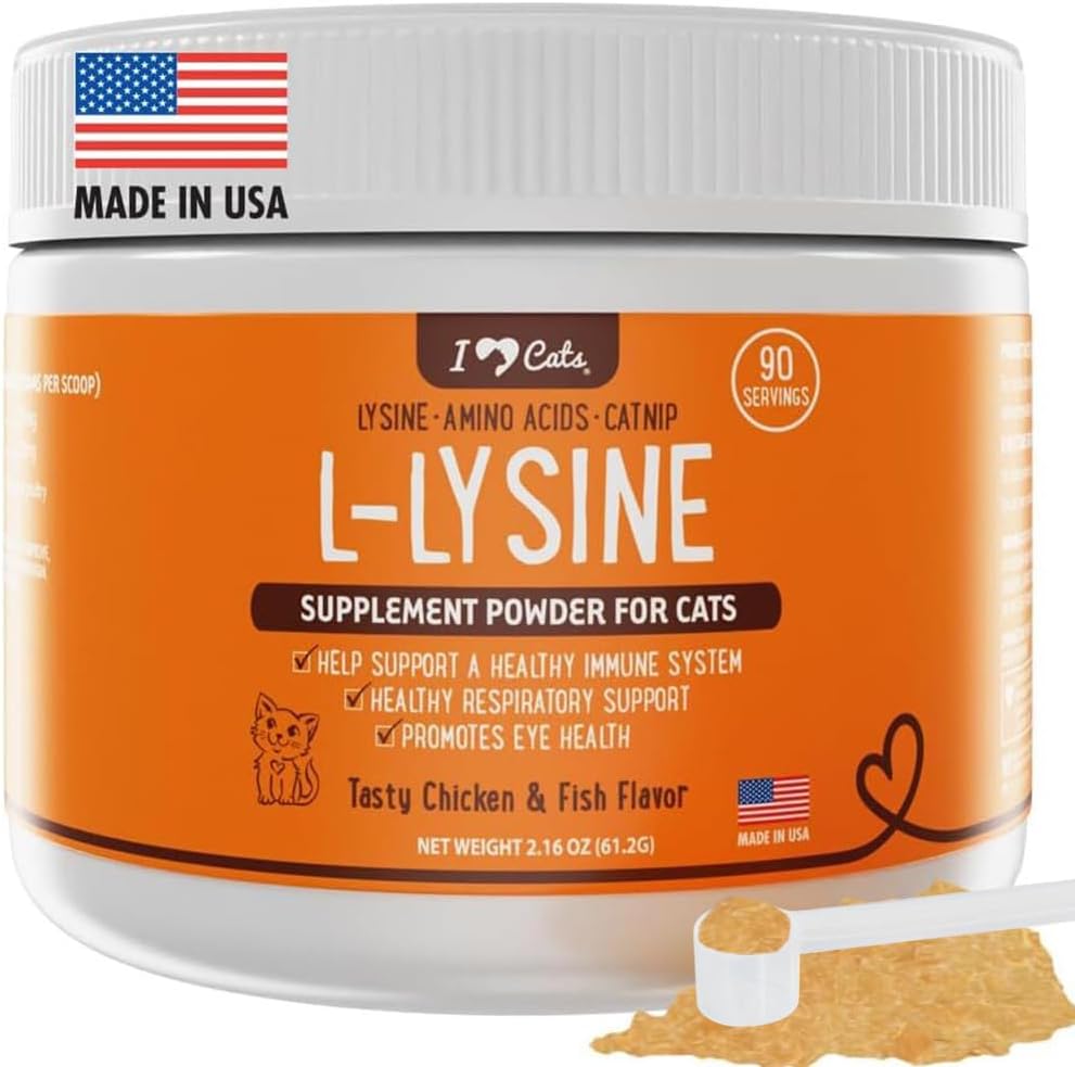 iHeartCats L-Lysine pentru pisici - Supliment imunitar și respirator pentru pisici - Cat Sneezing & Runny nas ajutor - L-Lysine pulbere cu Cat Nip - pui și somon aroma