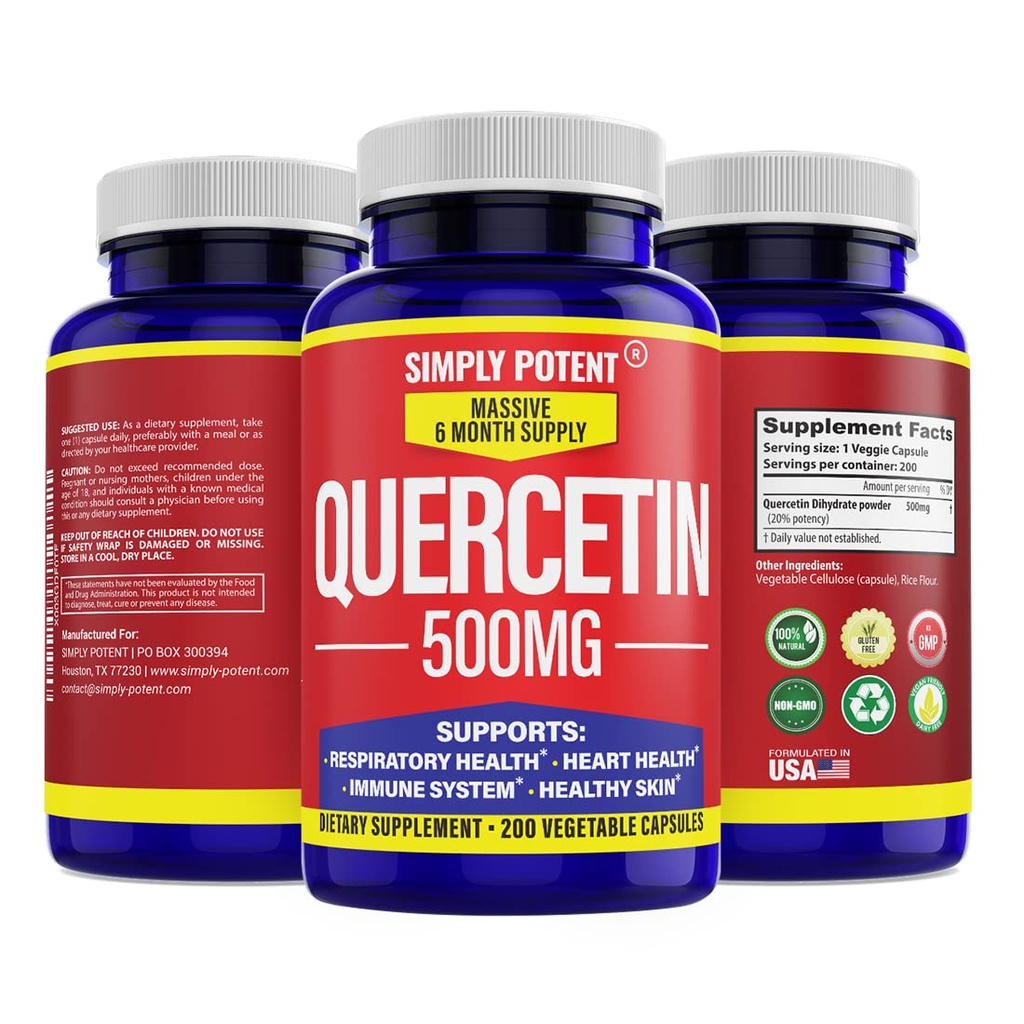 Pur și simplu pottent Querbetin Suplimente, Querbetin 500 mg 200 capsule, 2 X Querbetin 250 mg Fitozom Bioflavonoid antioxidant Vegan Gluten pastile gratuite pentru a sprijini sănătos inima celulară și funcțiile imune
